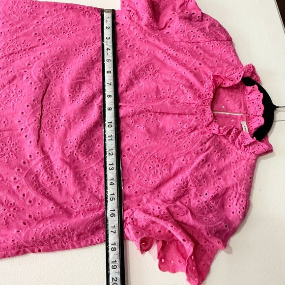 Staccato Pink Eyelet Lace Ruffle Neck Short Sleeve Blouse Top Small - Picture 6 of 8